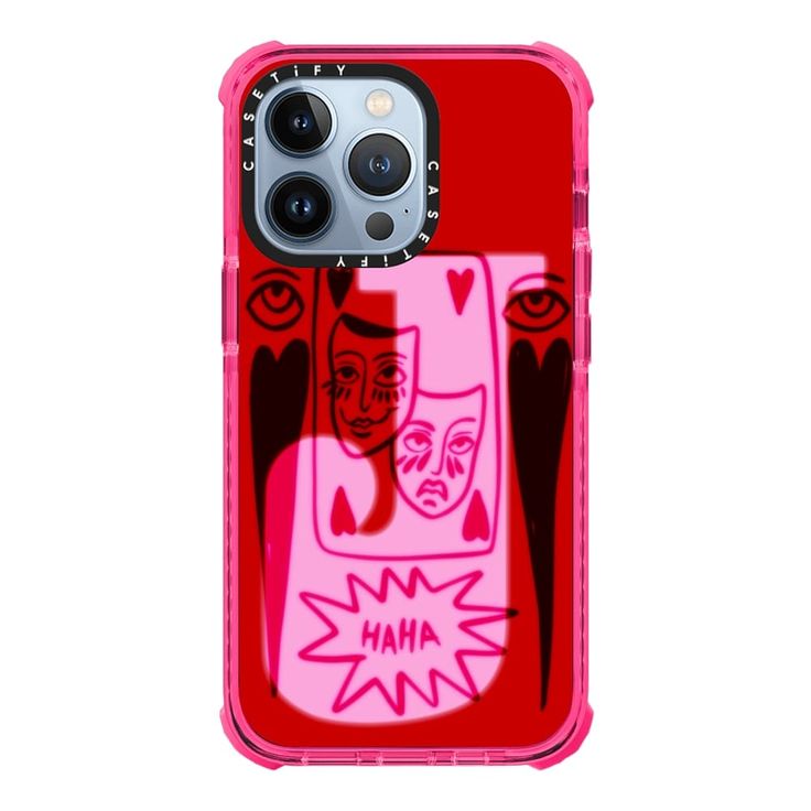 an iphone case with a pink and red design on the back, featuring two faces