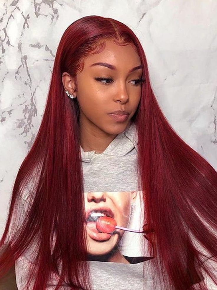 Hair Name: Wear Go Glueless Wigs Hair Style: Straight Hair Hair Length: 10-28inches Wig Weight: 200-320g/Wig (Depending on Length and Density) Color: 99J Burgundy Color Density: 180% Cap Size: Medium, 22.5inch (Customize Size Service >) Lace Size: 4x6 Pre-cut Lace Quality: 100% Virgin Human Hair Wigs Last for More Than One Year Lace Top Swiss Lace Shipment: DHL, FedEx, or UPS 3-10 Business Days Red Hair Inspo, Hair Color Burgundy, Hd Lace Frontal, Straight Blonde Hair, Blonde Lace Front Wigs, Frontal Hairstyles, Burgundy Hair, Body Wave Hair, Long Straight Hair