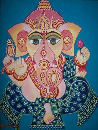 a painting of the god ganesh in blue and pink colors with an intricate design on his face