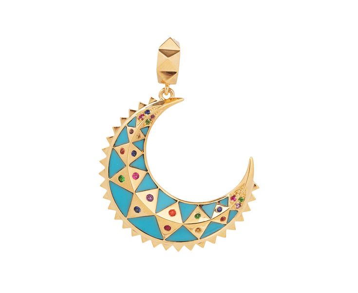 Representing the power and symbolism of a crescent moon, Harwell Godfrey has interpreted this pendant to be your new protective talisman. The crescent shape of 18K yellow gold is set with a striking geometric pattern of vibrant turquoise triangles and sparkling rainbow sapphires. The pendant attaches to a pyramid bale meant to be attached to one of her foundation necklaces. total length : 1 1/2"18K yellow gold pendant : 1" x 1 1/8"turquoise inlay : vary : 2mm x 3mm to 4mm x 7mm eachsapphires : a Harwell Godfrey, Protective Talisman, Rainbow Sapphires, Crescent Shape, Yellow Gold Pendants, Crescent Moon, Pyramid, Triangles, Gold Pendant