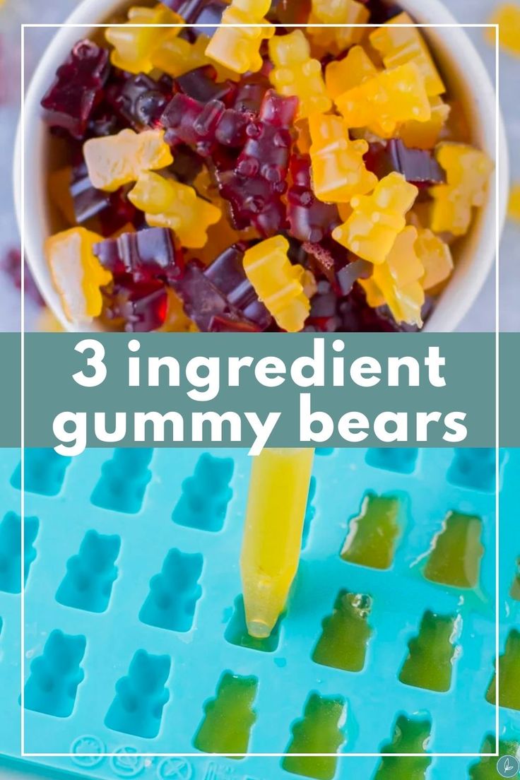 three ingredient gummy bears in a white bowl and on a blue ice tray with the words, 3 ingredients for gummy bears