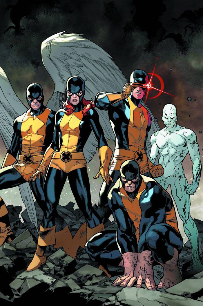 the x - men are standing in front of an angel