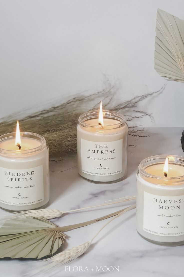 three candles sitting next to each other on a white counter top with dried plants and leaves