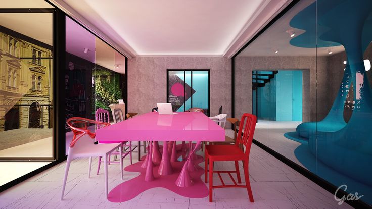 a pink table and red chairs in a room with glass walls that look like an abstract painting