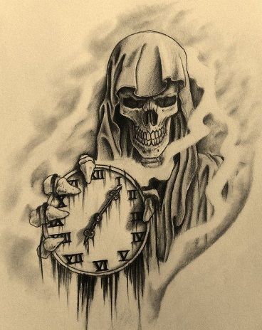 a drawing of a skeleton holding a clock in his hand with flames coming out of it