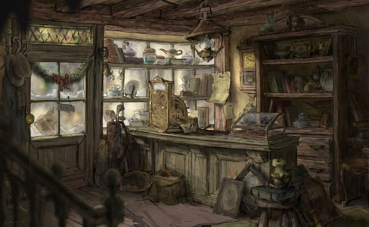 a drawing of an old fashioned kitchen with lots of clutter on the counter and shelves