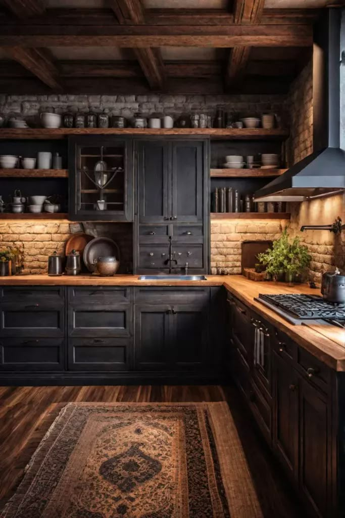 a kitchen with black cabinets and wooden floors is pictured in this image from the front view