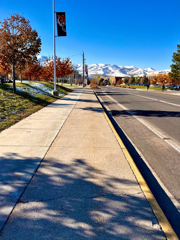 an empty street with snow covered mountains in the distance and trees on both sides,