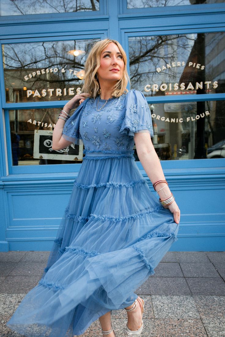 #color_tuftsblue-anastasia Light Blue Modest Dress, Blue Modest Dress For Garden Party, Modest V-neck Dress For Garden Party, Modest Blue Flowy Midi Dress, Whimsical Blue Dress For Dress-up Occasions, Blue Modest Dress, Ivy City Co Whimsical Dress, Modest Party Dress, Luncheon Dress