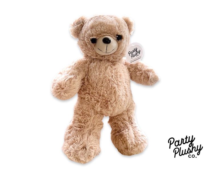 a brown teddy bear sitting on top of a white background with the words party plush