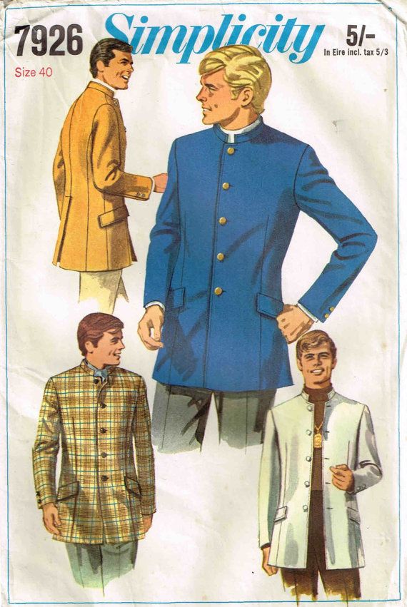 Mens Nehru Lined Jacket Vintage 1960s Simplicity 7926 Sewing Pattern by PeoplePackages.  This Style jacket was the style worn on the 1965 Shea Stadium Beatles tour and Dr. Evil's wore this style jacket. Add some beads for a 1960's Look. Beatles Fashion, 1960s Looks, 1960s Patterns, Blithe Spirit, Nehru Jacket, Jacket Pattern Sewing, Mod Style, Slim Fit Jackets, Nehru Jackets