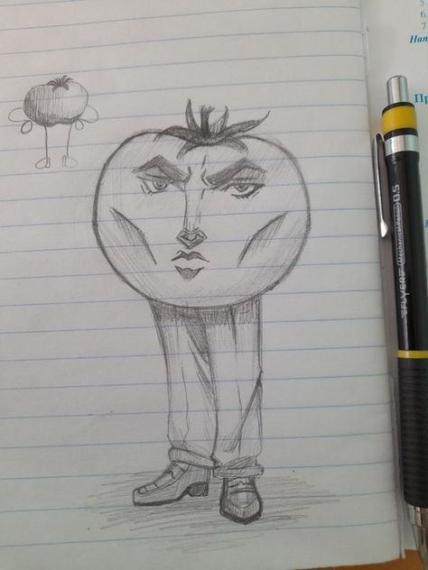 a pencil drawing of a tomato with a face and nose on it's head