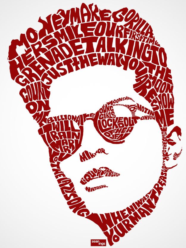 a man's face with the words written all over it in red on a white background