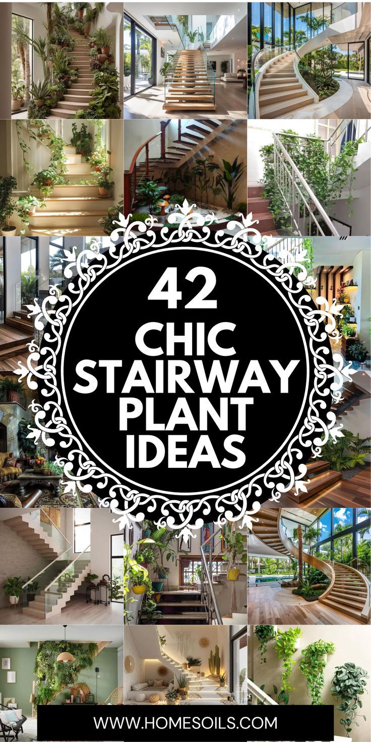 some stairs and plants are in the center of this collage with text that reads, 42 chic stairway plant ideas