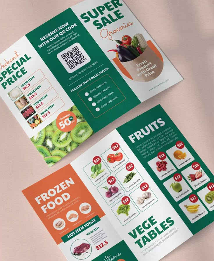 two brochures with different fruits and vegetables on them