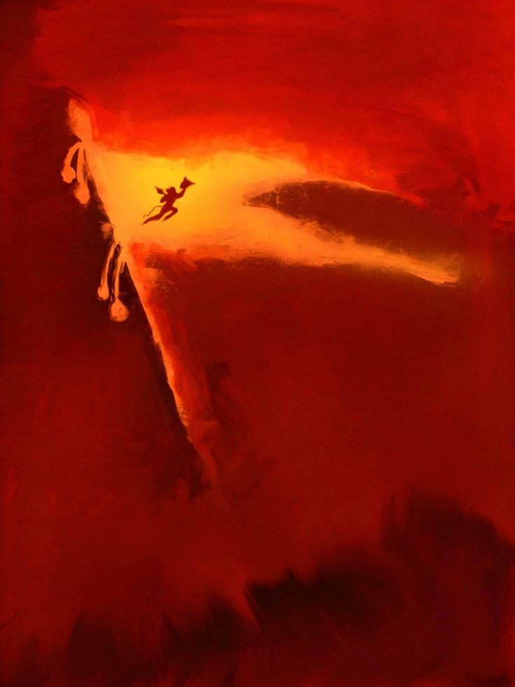 an abstract painting with red and yellow colors on the bottom half of it, depicting two birds in flight