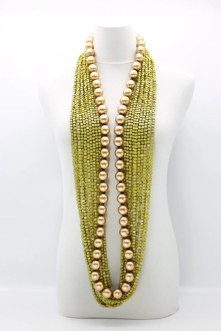 Jianhui London 10 strands lime pashmina necklace with hand painted recycled wood 5 x 5 mm wooden square beads and 1 strand  gold 22mm round wooden beads necklace. Jewellery for spring outfit. Jewellery for older woman. Elegant Green Beaded Necklaces With Wooden Beads, Elegant Green Wooden Beaded Necklaces, Elegant Green Beaded Necklace With Wooden Beads, Gold Multi-strand Jewelry With Wooden Beads, Multi-strand Gold Jewelry With Wooden Beads, Elegant Multi-strand Wooden Beads, Multi-strand Wooden Beads For Jewelry Making, Wooden Multi-strand Beads For Jewelry Making, Elegant Party Necklace With Wooden Beads