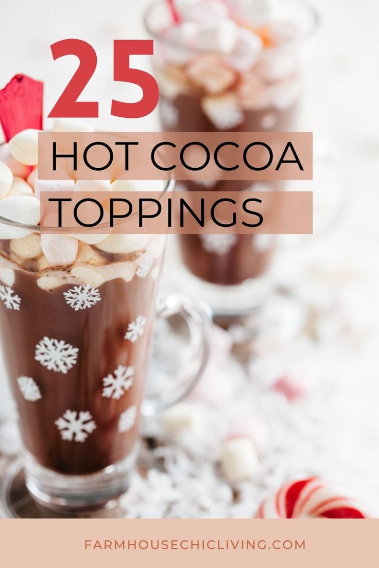 hot cocoa toppings in glass mugs with candy canes