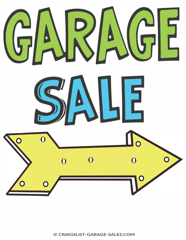 an arrow with the words garage sale written on it