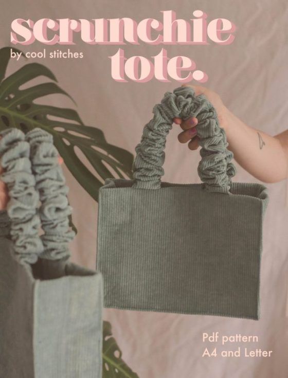 an advertisement for scrunchie tote, featuring two handbags and a plant