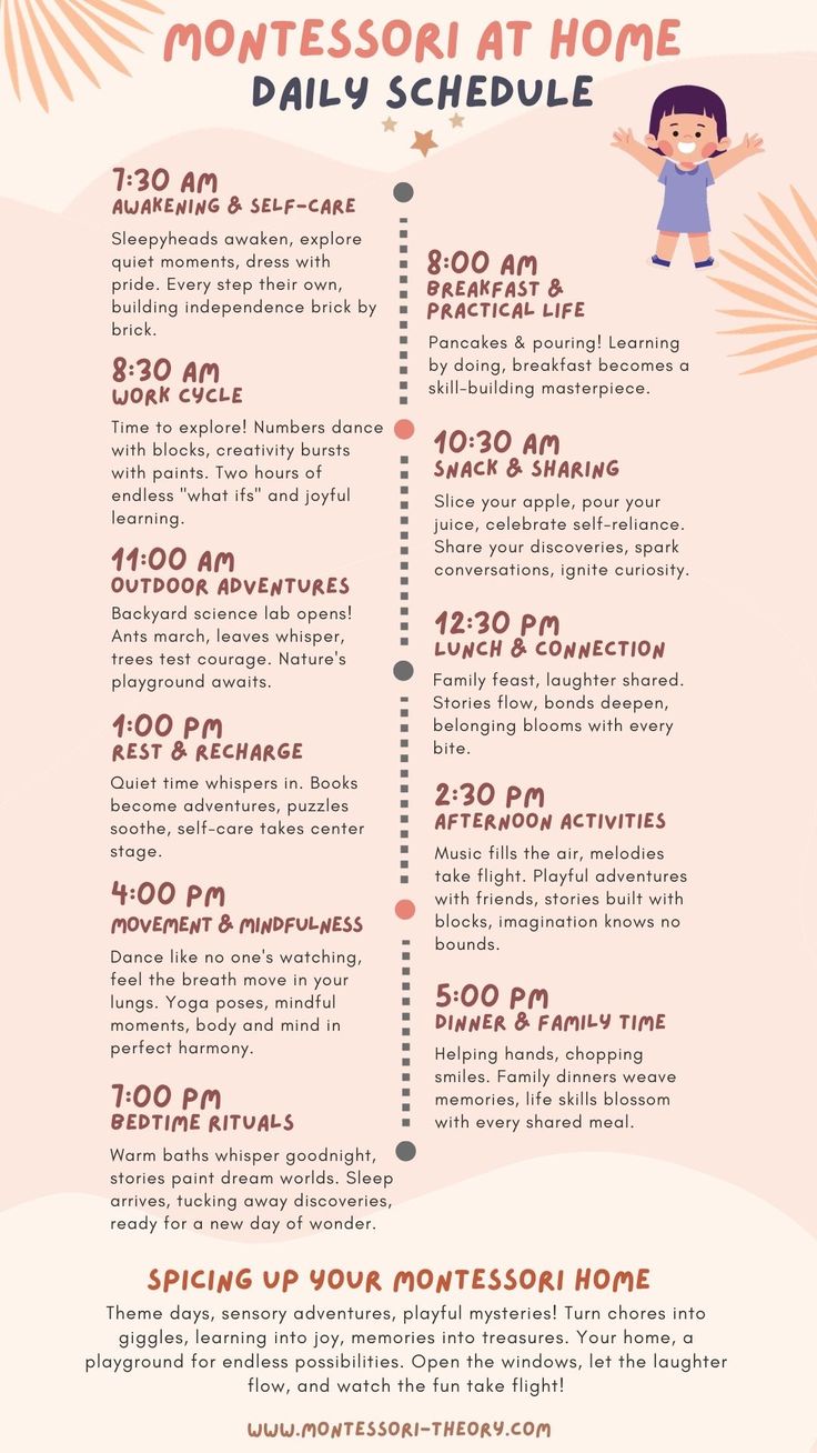 a flyer for the montessoi at home daily schedule, with an image of a child