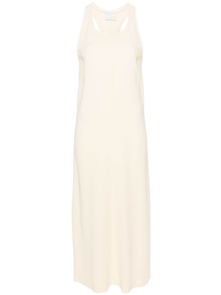 vanilla white stretch-design crepe texture round neck sleeveless racerback side slits flared hem mid-length Crepe Midi Dress, Crepe Fabric, Mid Length, Day Dresses, Colorful Dresses, The Dress, Fashion Branding, Vanilla, Top Brands