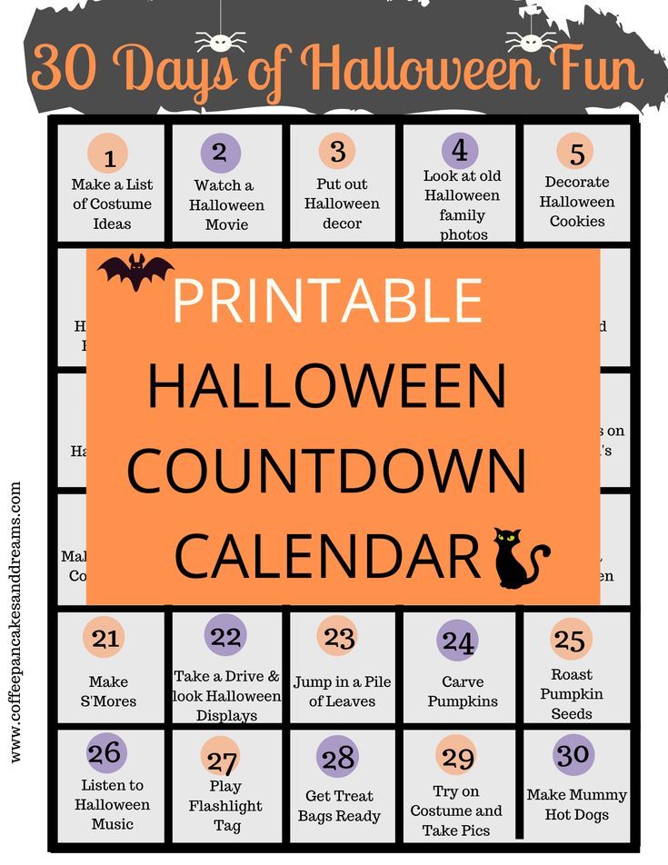 the printable halloween count down calendar is shown in orange and black with bats on it