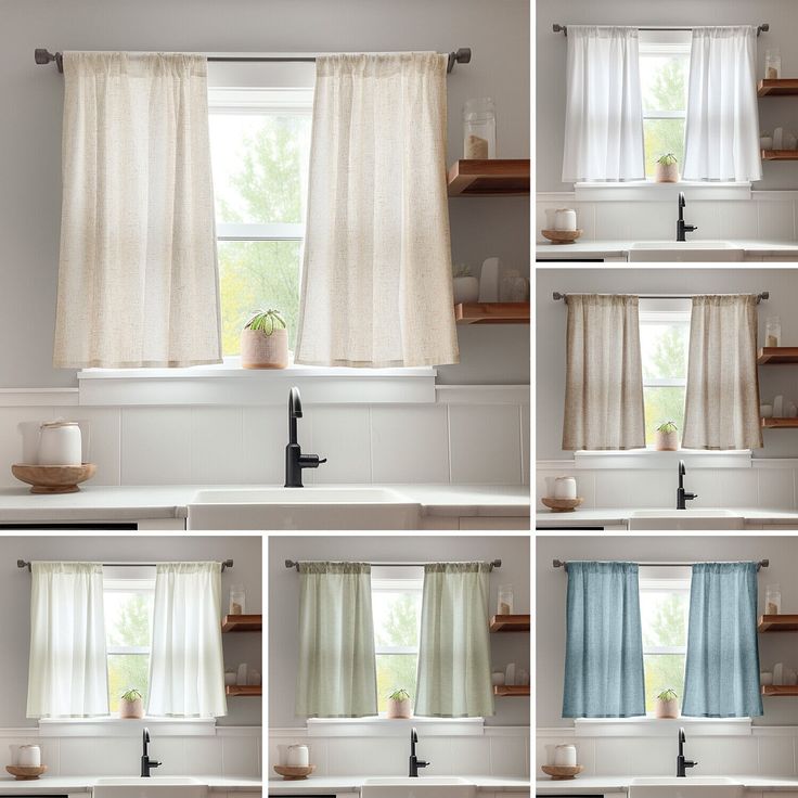 multiple shots of curtains hanging in front of a window