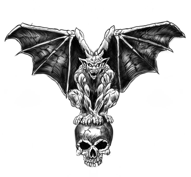 a drawing of a skull with a bat on it's head and wings above the skull