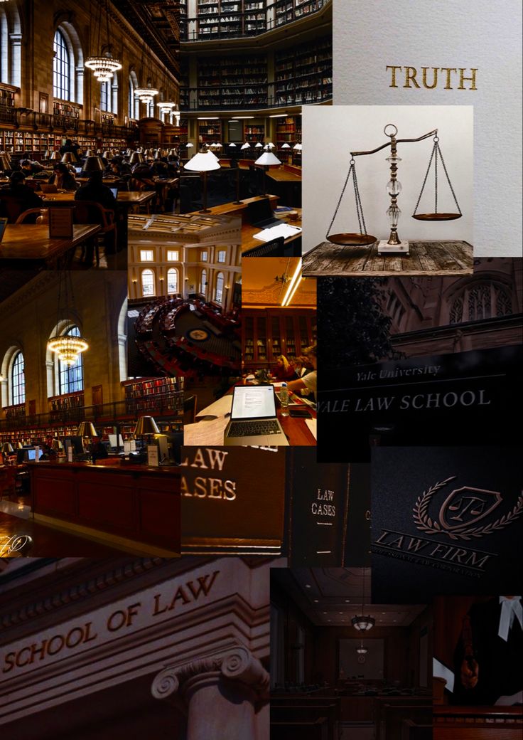 a collage of photos showing law offices and law books in an old building with the word truth on it