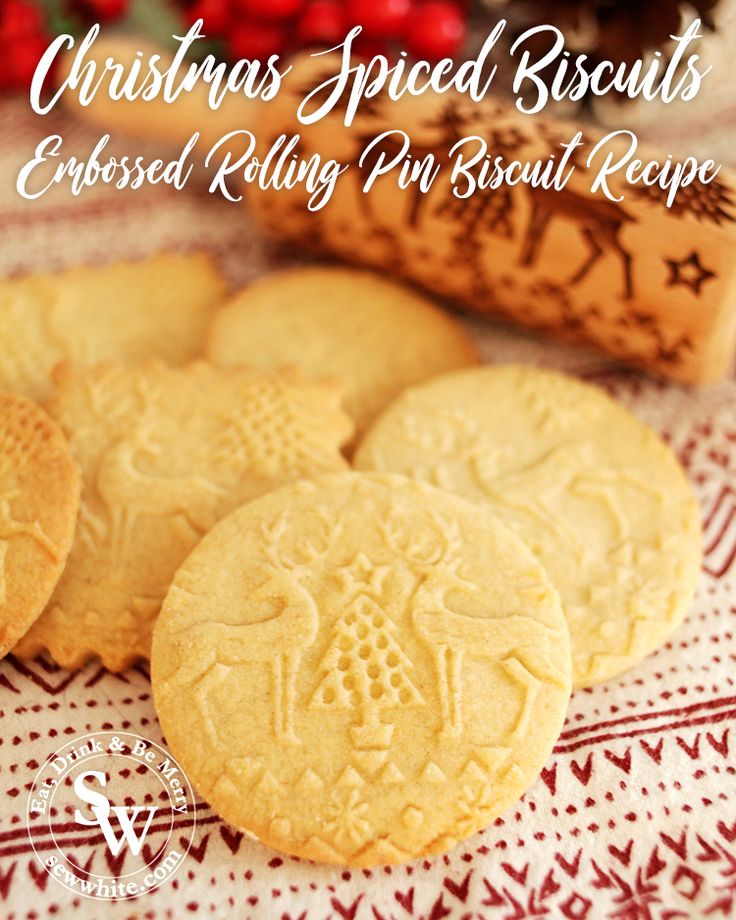 christmas spiced biscuits - embossed rolling pin biscuit recipe on a red and white tablecloth