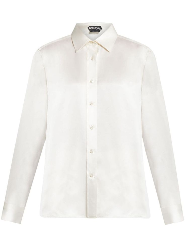 white silk classic collar front button fastening long sleeves buttoned cuffs straight hem White Long Sleeve Blouse With Hidden Button Closure, Elegant Long Sleeve Dress Shirt For Semi-formal Occasions, Elegant Silk Shirt For Formal Occasions, Luxury Long Sleeve Shirt For Semi-formal Occasions, White Fitted Silk Shirt, Fitted White Silk Shirt, Timeless Formal Blouse With Lapel Collar, Silk Top With Lapel Collar For Formal Occasions, Classic Silk Blouse For Formal Occasion