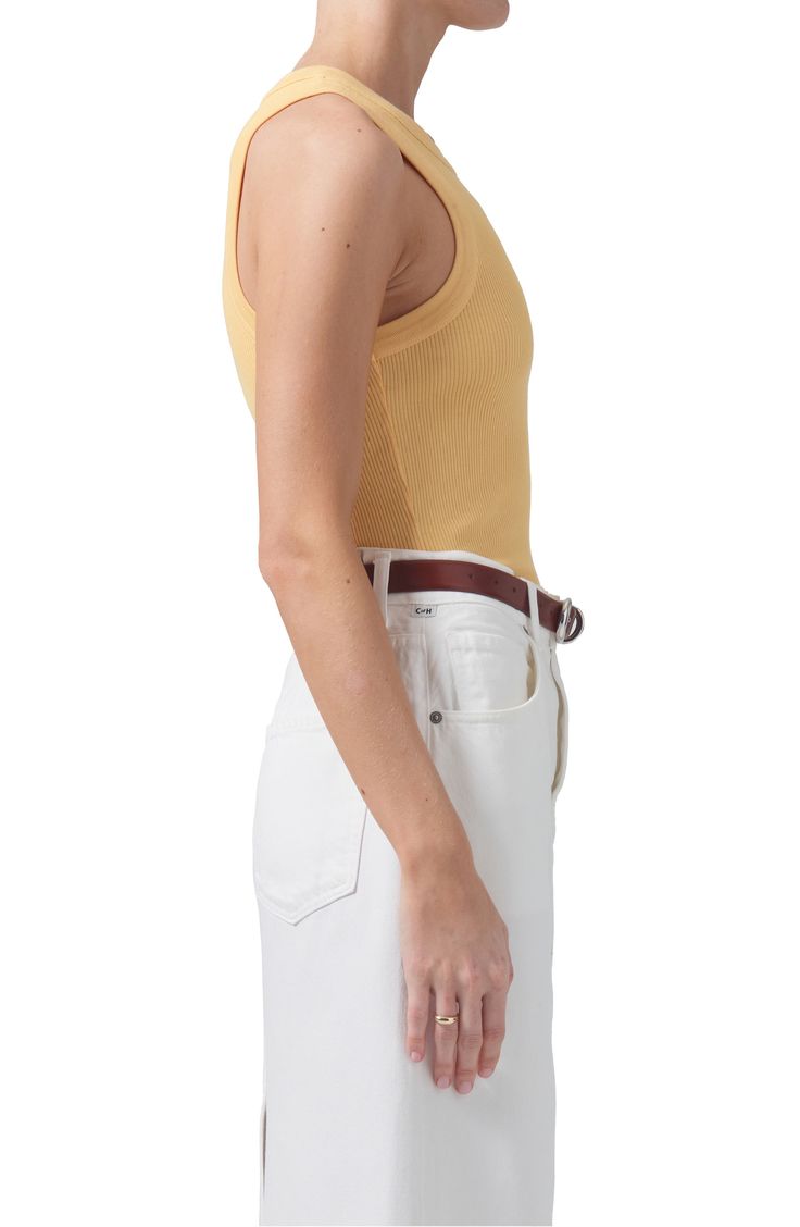 A soft and stretchy rib enhances the comfort and versatility of an essential racerback tank. 23 1/2" length (size Medium) Crewneck 49% organic cotton, 49% lyocell, 2% spandex Machine wash, tumble dry Made in the USA of imported fabric Everyday Medium Support Tank Top, Sporty Tank Top With Minimal Stretch, Spring Medium Support Tank Top With Scoop Neck, Spring Fitted Seamless Tank Top, Fitted Ribbed Tank Top With Scoop Neck, Fitted Seamless Tank Top For Everyday, Fitted Ribbed Scoop Neck Tank Top, Seamless Cotton Tank Top For Spring, Fitted Scoop Neck Ribbed Tank Top