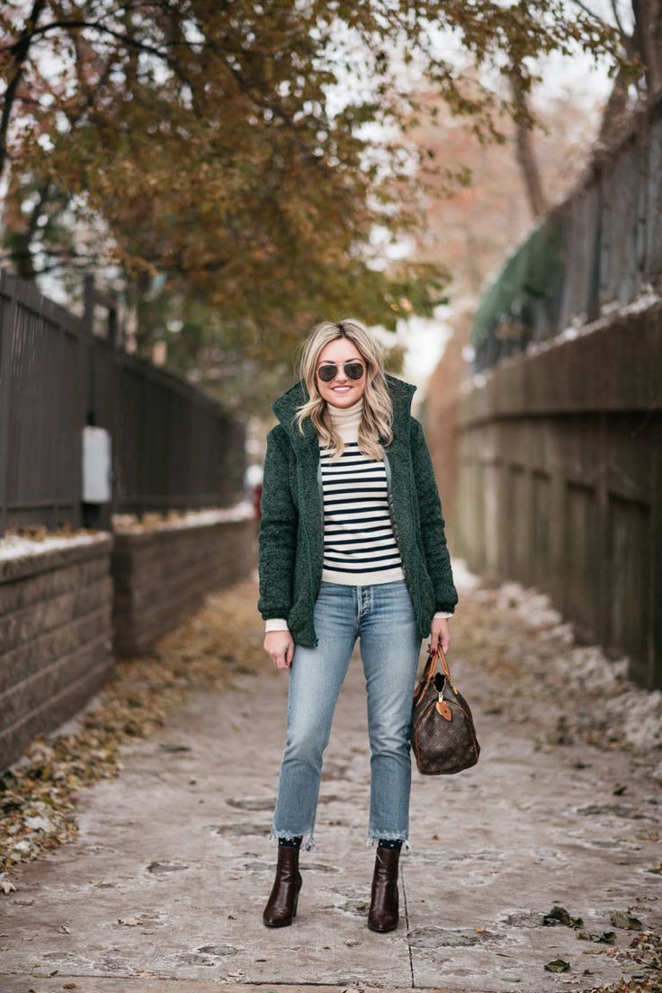 Hunter Green Fleece Bomber Jacket — bows & sequins Green Sherpa Jacket Outfit, Green Sherpa Jacket, Sherpa Jacket Outfit, Striped Turtleneck Sweater, Sweater Jeans, Jacket Outfit, Striped Turtleneck, Citizens Of Humanity Jeans, Raw Hem Jeans