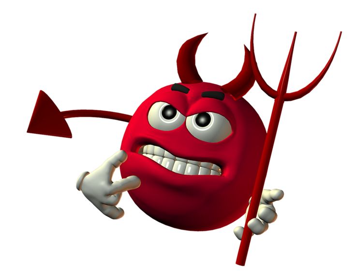 a red devil character holding a pitchfork and pointing at it