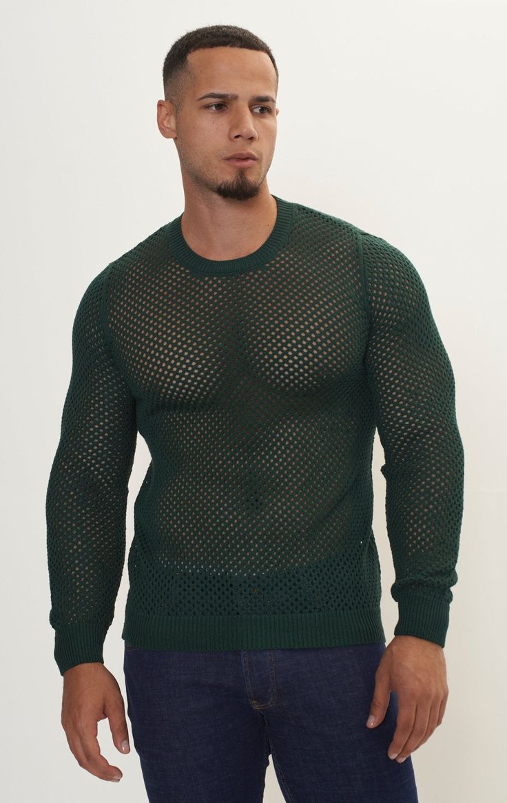 See Through Fishnet Muscle Fit Shirt - Green - Ron Tomson Green Fitted Mesh Top With Crew Neck, Fitted Green Mesh Top, Green Mesh Crew Neck Top, Green Mesh Casual Top, Green Sheer Mesh Top, Sheer Green Mesh Top, Green Crew Neck Mesh Top For Spring, Spring Green Mesh Top With Crew Neck, Fitted Green Mesh Top For Fall