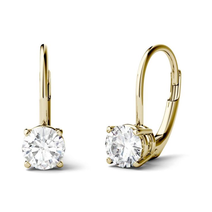 Darling drop earrings for your next date night! Each 14K gold earring in this pair features one marvelous Moissanite stone at the bottom. Leverbacks allow for easy, worry-free fastening so you can spend less time getting ready, and more time enjoying the evening. Don these beauties with a black dress, nude heels and red-hot lipstick for a killer outfit! Yellow Gold Prong-set Drop Earrings, Yellow Gold Drop Earrings With Prong Setting, Yellow Gold Dangle Earrings With Prong Setting, Classic Yellow Gold Diamond Drop Earrings, Yellow Gold Drop Diamond Earrings, Yellow Gold Brilliant Cut Dangle Earrings, Fine Yellow Gold Diamond Earrings With Lever Back, Yellow Gold Drop Earrings With Vvs Clarity, Yellow Gold Vvs Clarity Drop Earrings