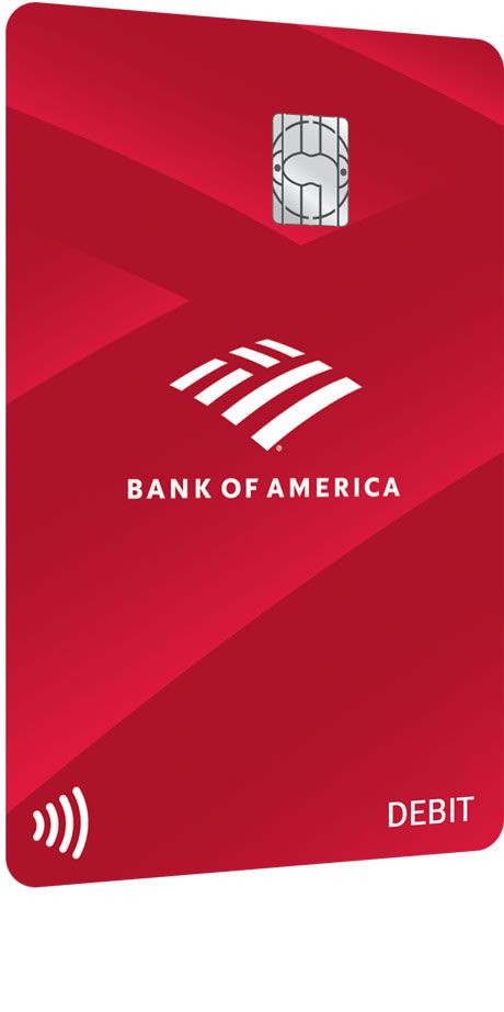 the bank of america debit credit card is shown in red and white, with an american flag on it