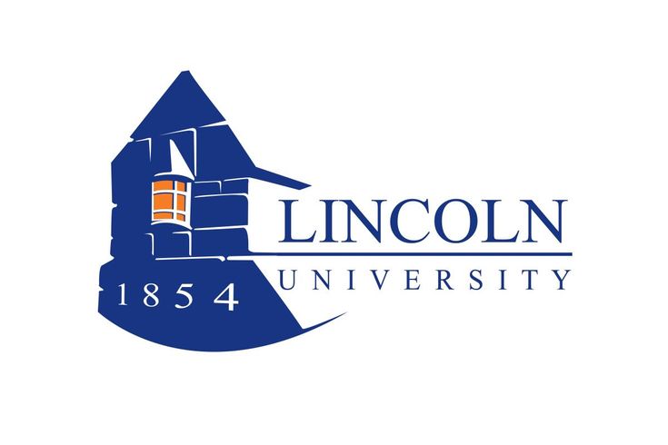 the lincoln university logo is shown in blue and orange on a white background with an orange window