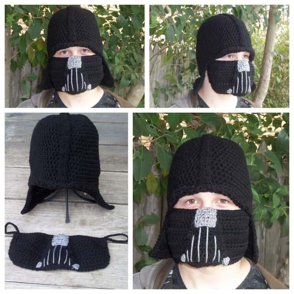 four pictures of a man wearing a knitted mask