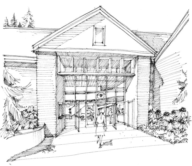 this is an image of a sketch of a garage door and entrance to a house