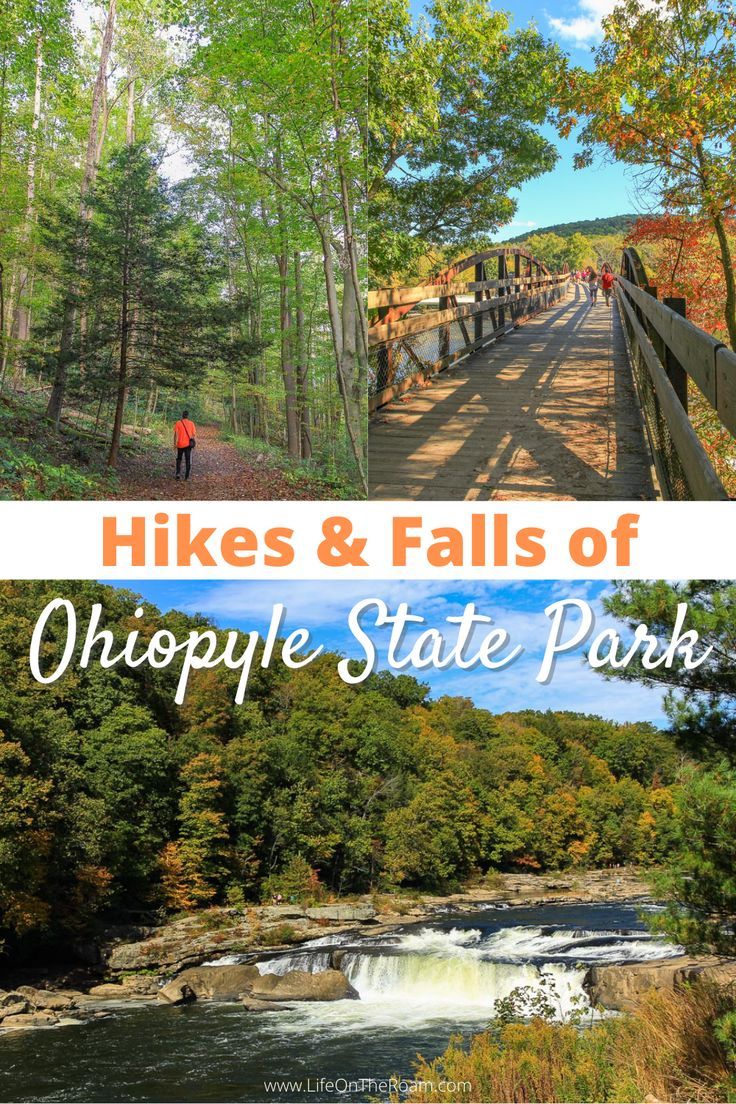 A waterfall, a pedestrian bridge, and a hiking trail Ohiopyle State Park Things To Do, Recreation Activities, Ohiopyle State Park, Hiking Fall, Pennsylvania Travel, Outdoor Paradise, Whitewater Rafting, Beautiful Sites, United States Travel