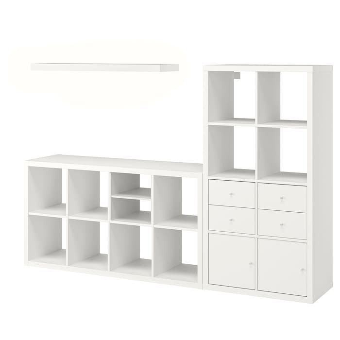 a white bookcase with drawers and shelves next to each other on a white background