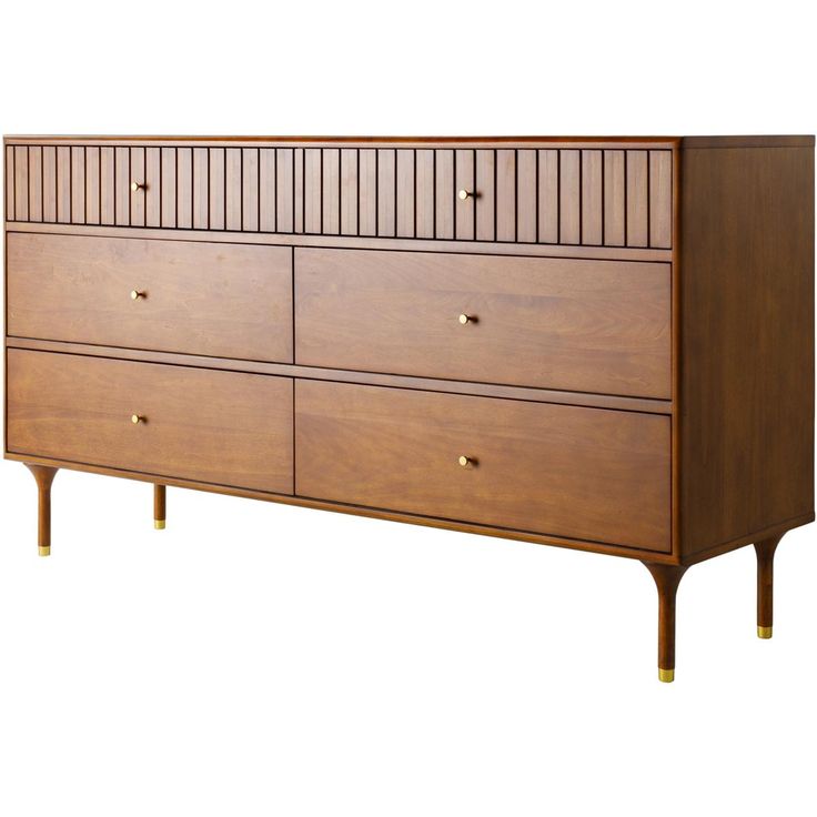 a wooden dresser with four drawers and two brass pulls on the bottom, against a white background