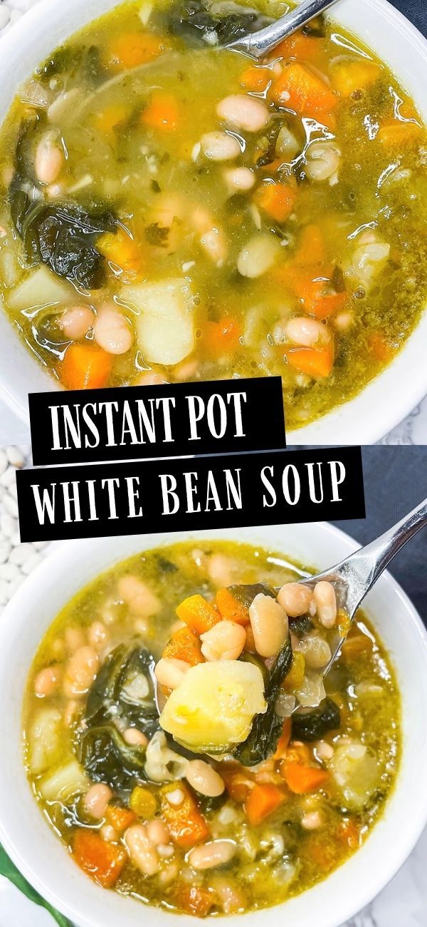 two bowls filled with white bean soup on top of a green table cloth and the words instant pot white bean soup