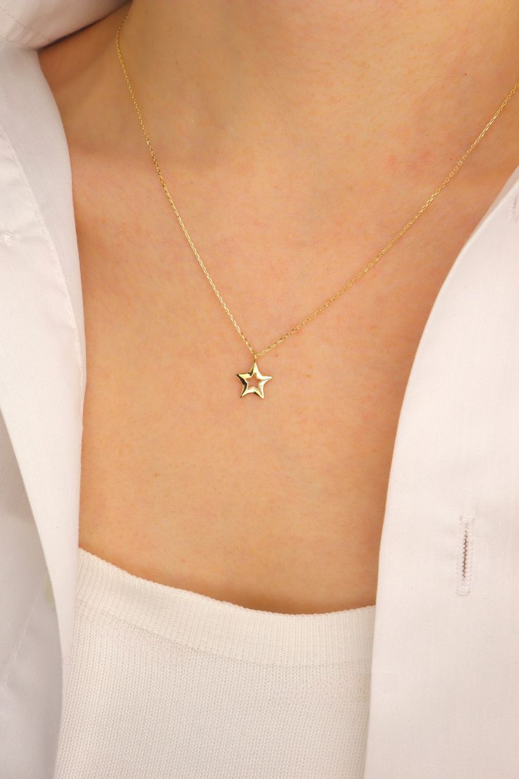 14K Minimal Star Necklace, Chain Necklace, Real Gold Jewelry, Gift for Her ABOUT PRODUCT This 14k Solid Gold Necklace is suitable gift for girlfriend, mom and her. You can even buy as a birthday gift for your friends or anniversary gifts, If you want to add a special note we can write for you and put to inside of package. We manufacture our jewelry pieces with carefully and after production we double checking in quality control department. Our main idea is keep our items for daily wearing especi 14k Gold Star Charm Jewelry Gift, 14k Gold Jewelry With Star Charm Gift, Dainty Star Charm Necklace For Anniversary, Dainty Star-shaped Necklace For Anniversary, Dainty Star Necklace For Anniversary, Dainty Star-shaped Anniversary Necklaces, Elegant Star-shaped Charm Necklaces For Gifts, Elegant Star-shaped Charm Necklace For Gift, Handmade Star-shaped Yellow Gold Necklaces