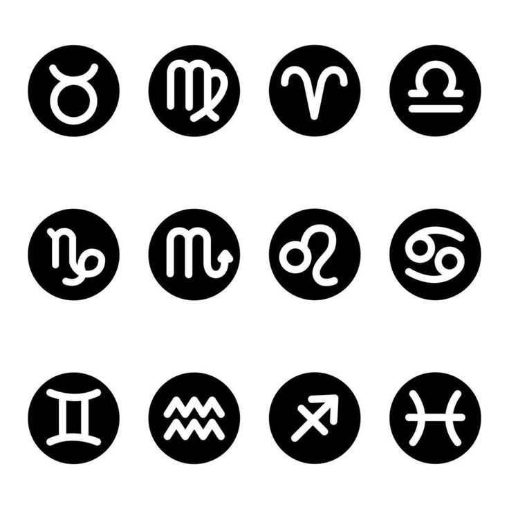 twelve zodiac signs in black and white, each with their own astrological symbols on them