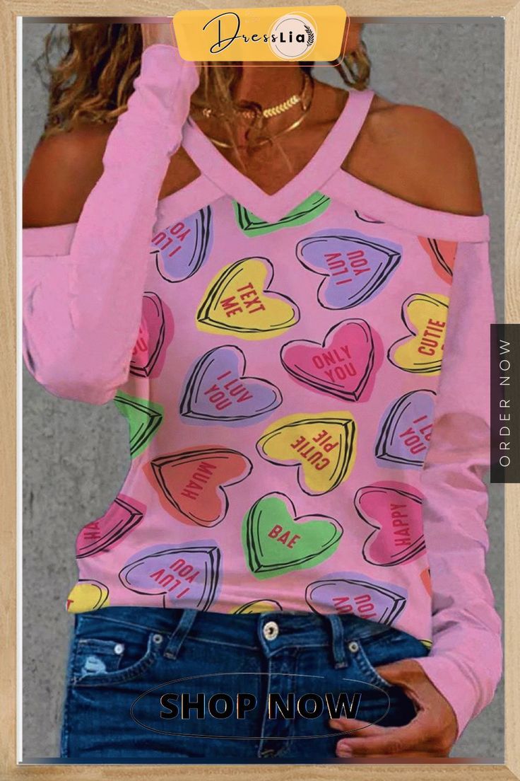 Sexy Halter Heart Printed Shirt Spring Heart Print V-neck Top, Trendy Pink Printed Tops, Fun Long Sleeve Summer Tops, Fitted Heart Print Top For Valentine's Day, Cute Summer Tops With Heart Graphic, Cute V-neck Top With Graphic Print, Cute Heart Graphic Tops For Summer, V-neck Top With Heart Graphic For Summer, Fun Long Sleeve Printed Tops