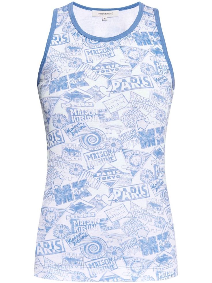 cornflower blue/white cotton jersey texture all-over logo print contrasting trim scoop neck sleeveless straight hem Blue Graphic Print Tank Top For Spring, Spring Blue Graphic Print Tank Top, Athleisure Cotton Tank Top With Graphic Print, Casual Blue Graphic Print Tank Top, Sporty Cotton Tank Top With Graphic Print, Casual Blue Tank Top With Graphic Print, Sporty Cotton Tank Top For Spring, Summer Loungewear Top With Logo Print, Blue Printed Sleeveless Top