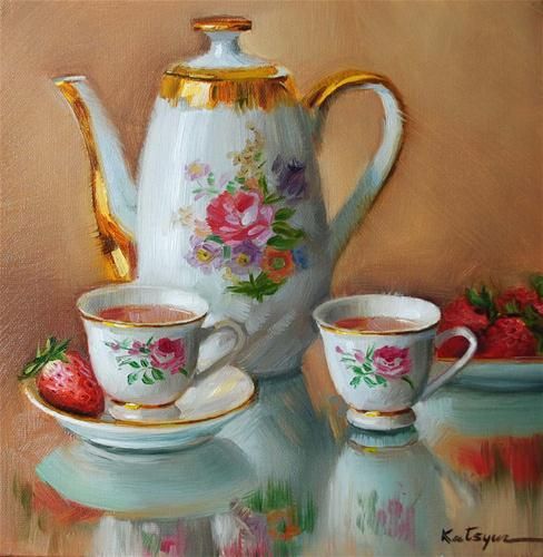 a painting of two cups and a teapot with strawberries on the table next to it